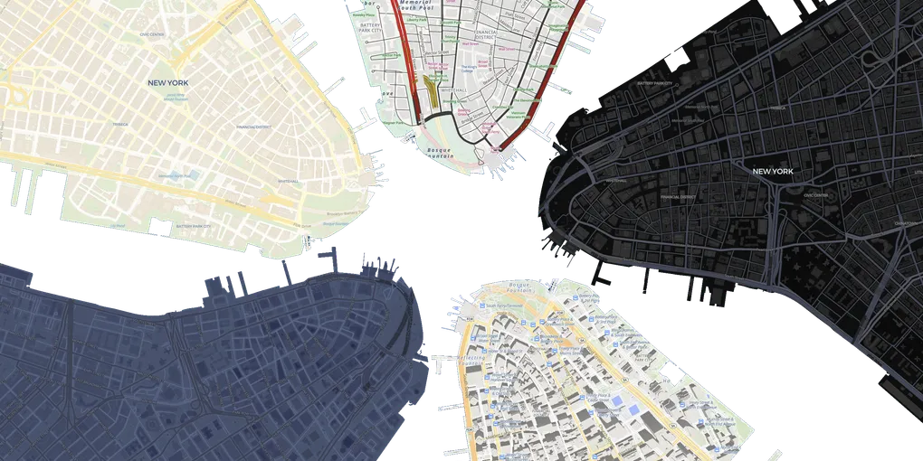 Lower Manhattan, repeating radially in different styles.