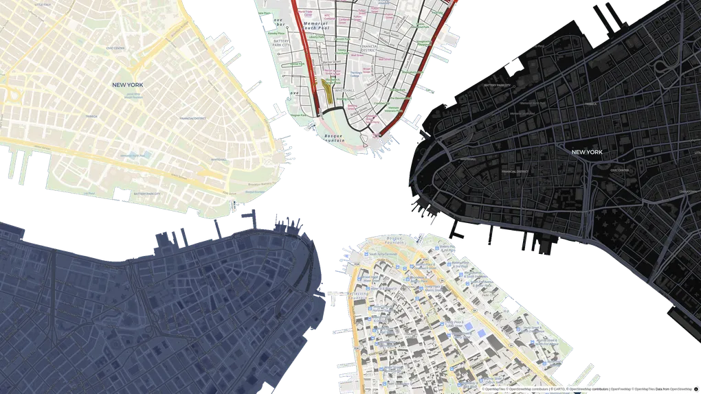 Lower Manhattan, repeating radially in different styles.